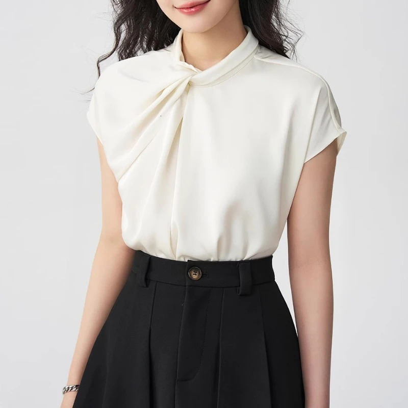 Summer Elagant Front Cross Womens Blouse Short Sleeve Stand Collar Korean Casual Loose Office Lady Shirts Female 250515