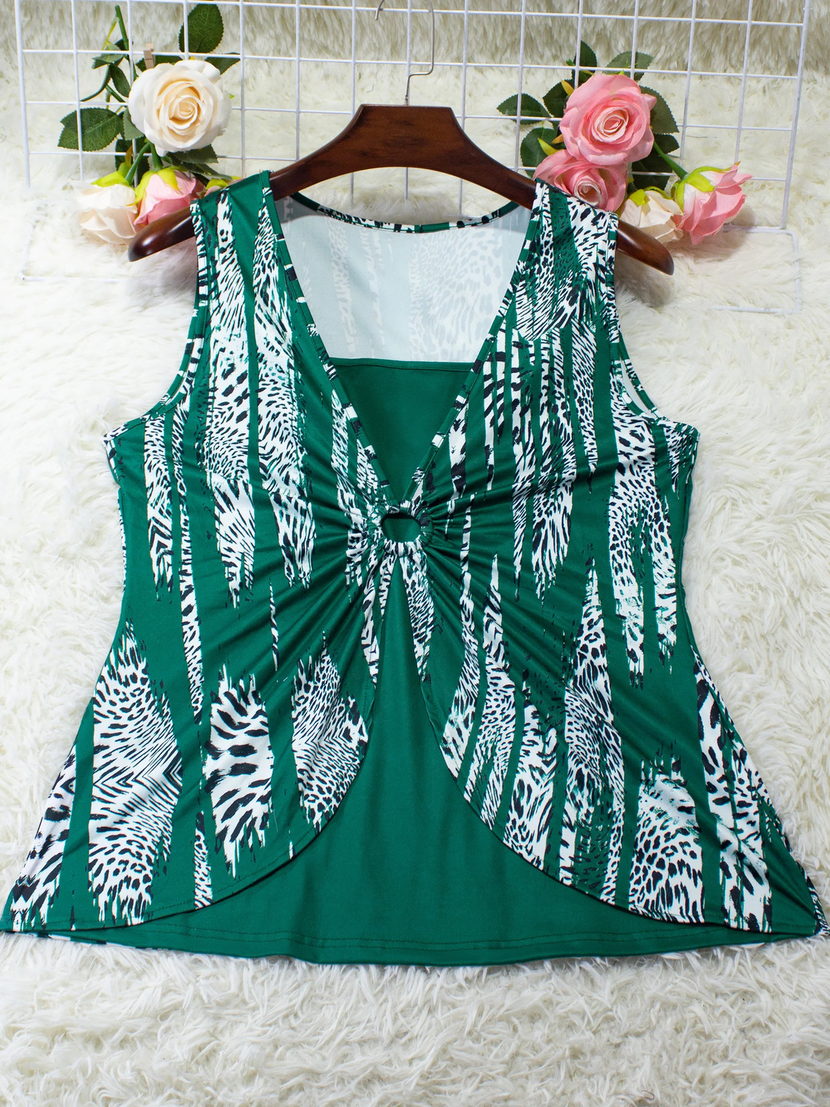 Ethnic Print Square Neck Sleeveless Vest - Layered Ring Detail Loose Fit Breathable Plus Size Womens Summer Casual 250515