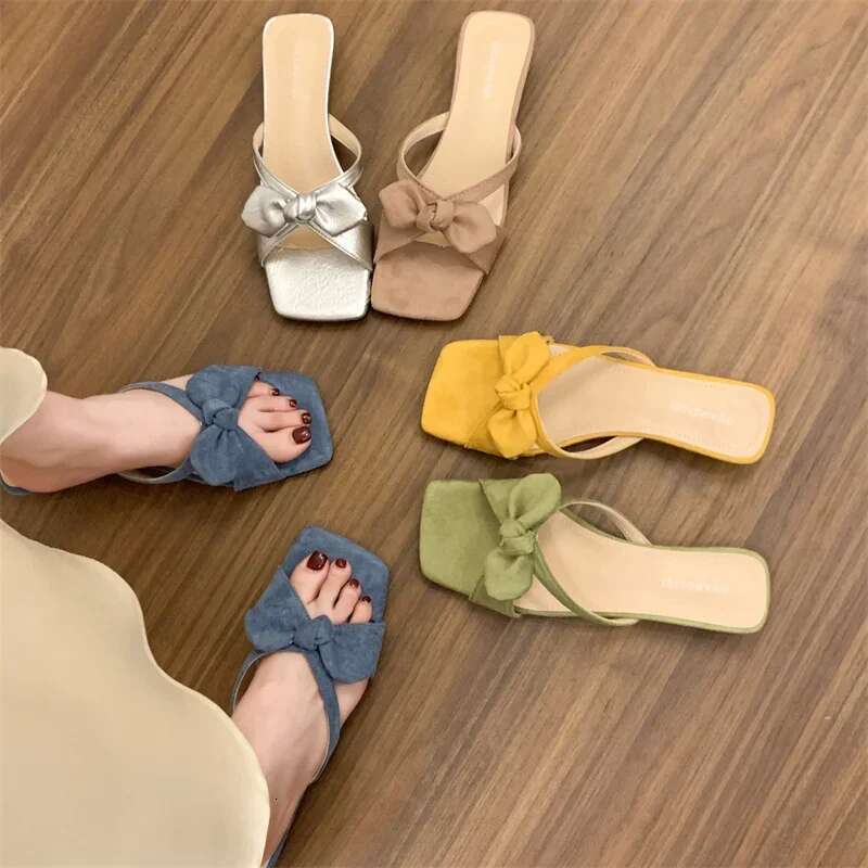 High-Heeled Shoes Lady Womens Slippers Outdoor Slides Pantofle Low Square Heel Fashion Butterfly-Knot Summer 2025 Block