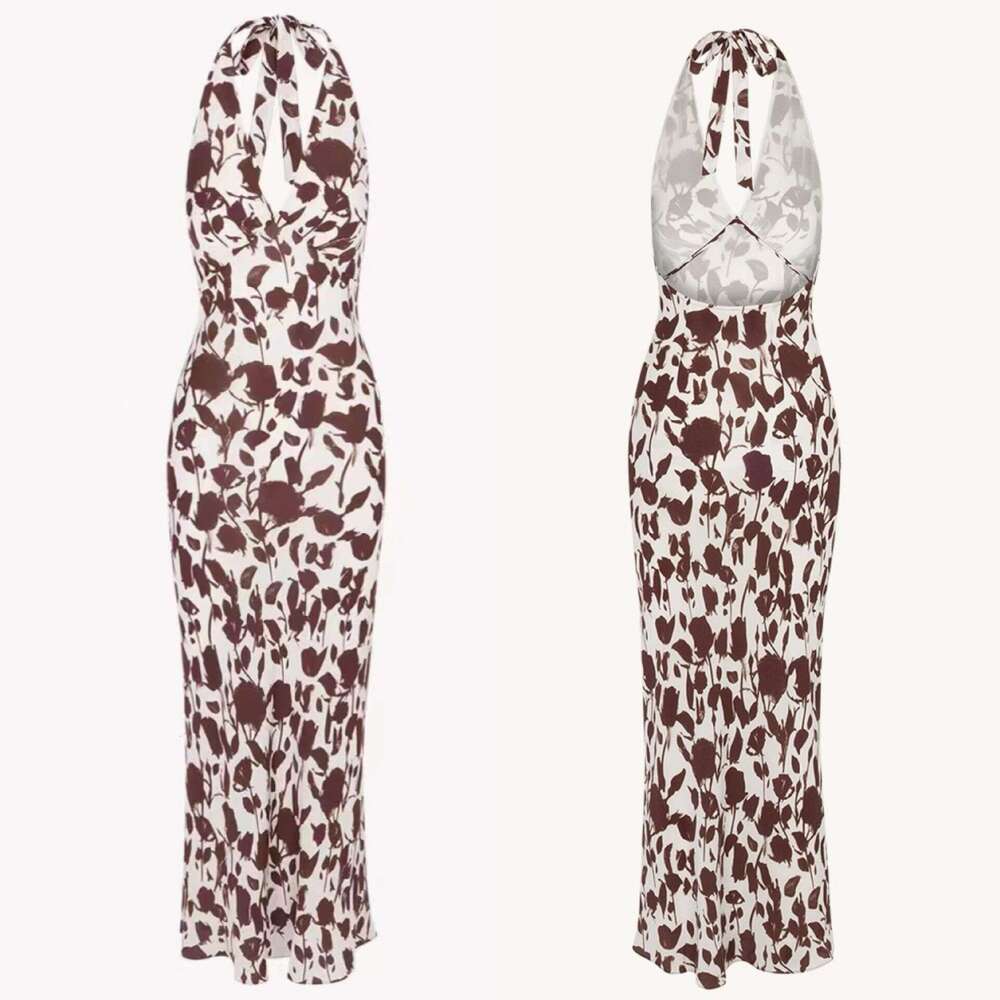 Partydress Robe Tender Beige Rose Sexy Open Back V-neck Hanging Neck Strap Sand Washed Silk Long Dress