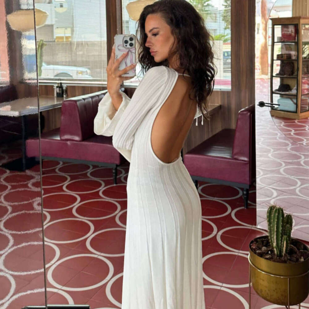 White Dress Maxi Dress 3-Color Autumn And Winter Dress, Casual Core Yarn, Slimming Round Neck, Big Pit Stripe, Backless A-Line Knitted Long Skirt For 
