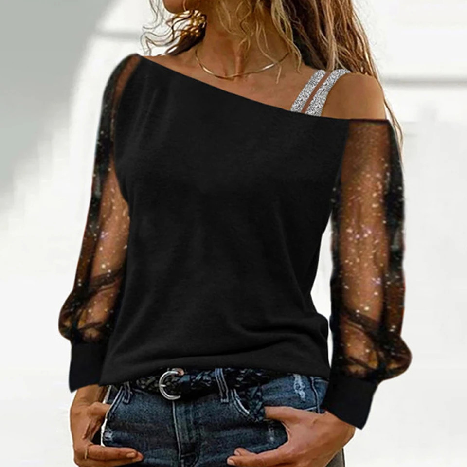 Plus Size Oversized Women Autumn Sexy Lace Mesh Long Sleeve T-Shirt Tops Ladies Off Shoulder Casual Blouse High Quality Clothing 250515