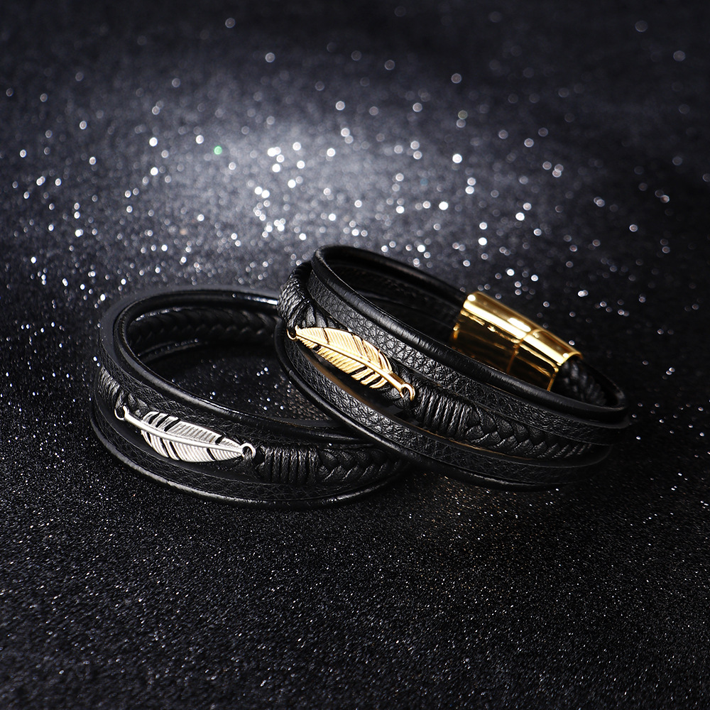 Amazon Europe Stainless Steel Feather Bracelet for Men, Multi-layer Leather Braided Design with Titanium Magnetic Clasp
