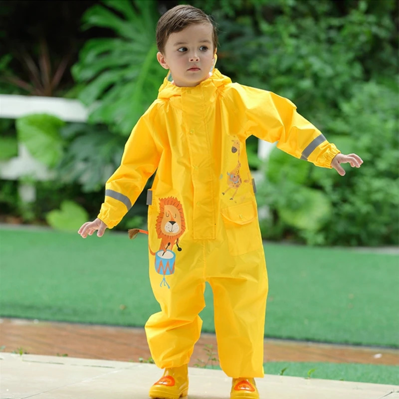 Kids Rain Suit with Hood Waterproof Jumpsuits Baby Cartoon Animals One Piece Raincoat Children Boys Girls Rainwear 1-12 Years 250515