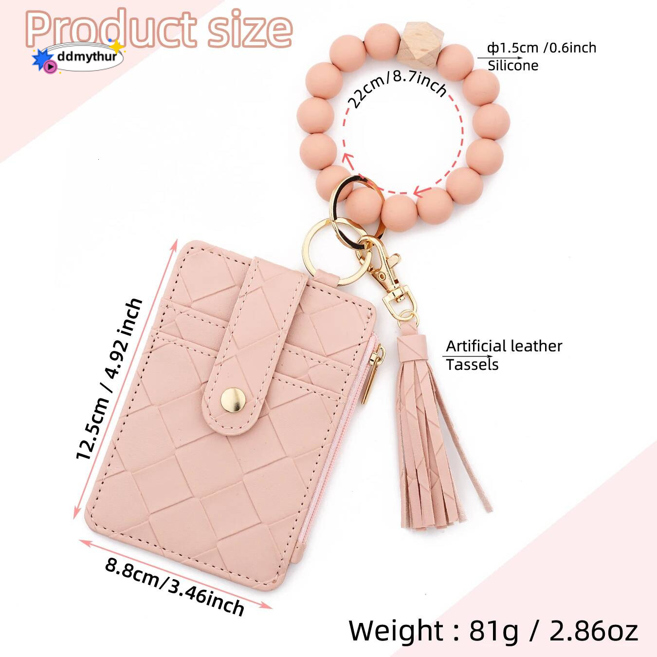 2025 New Arrival PU ID Credit Wallet with Wristlet Bangle Silicone Bead Tassel Card Holder Leather Keychain ddmythur