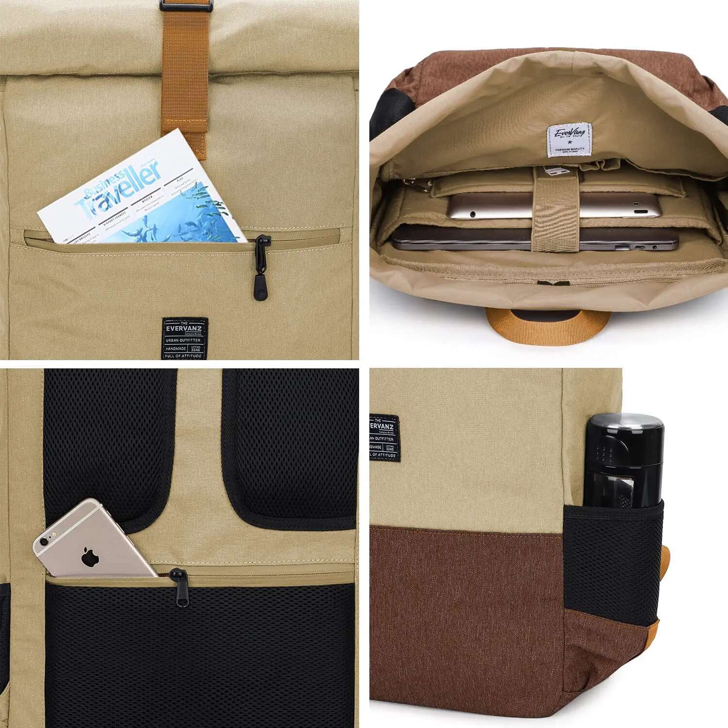 EverVanz Rolltop Backpack, Daypack With Compartment For 12 - 17 inch Laptop, Waterproof And Anti-Theft
