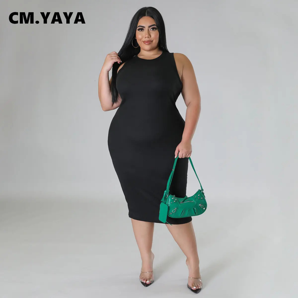CM.YAYA Women Plus size Fashion Sleeveless Knit Ribbed Bodycon Midi Tank Dress High Street Vintage Party Evening Pencil Dresses 250515
