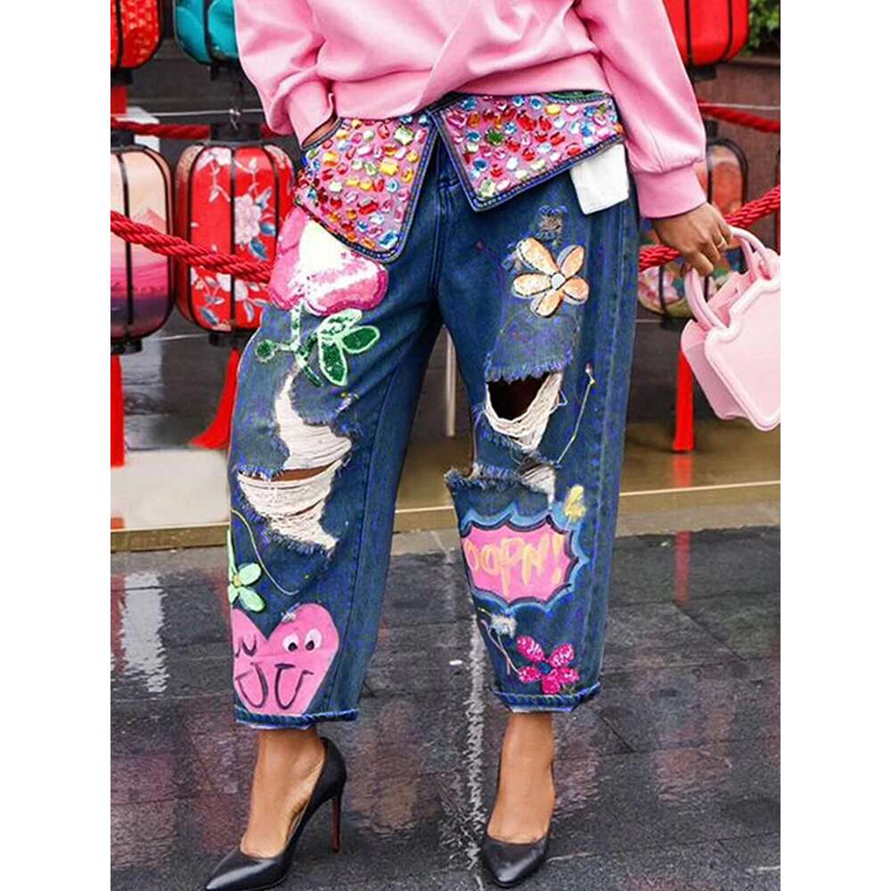 Chic Women Spring Floral Embroidery Dias Beaded Holes Denim Pants High Waist Loose Rhinestones Jeans Cowboy Broken Trousers