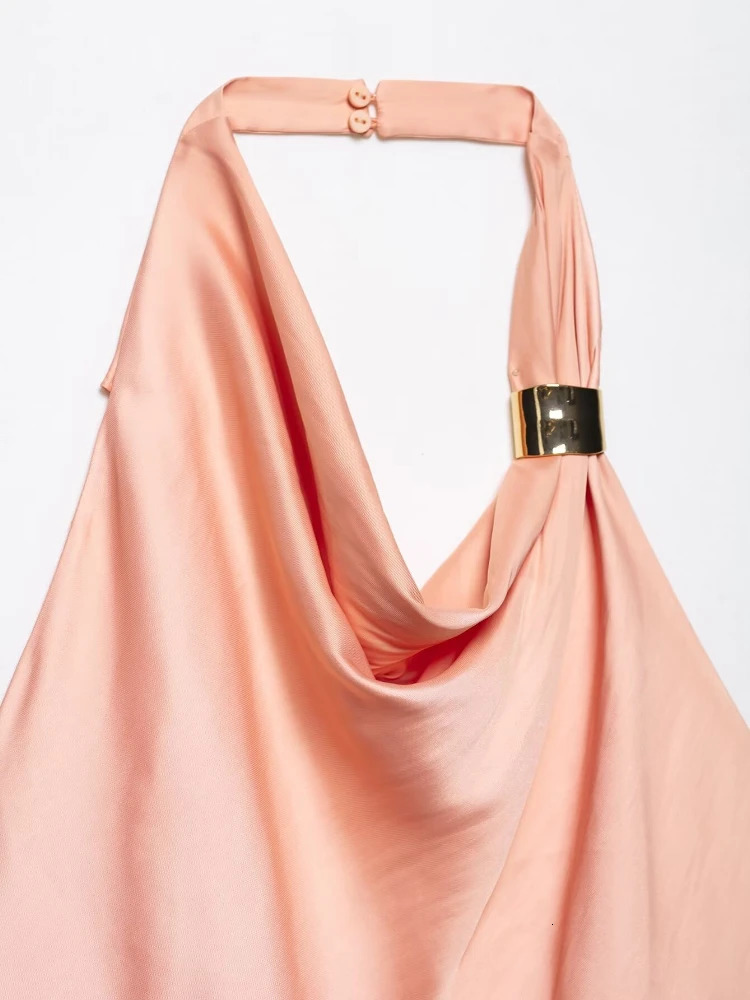 ZBZA Womens Gold Satin Backless Halterneck Top Goldembellished Silksatin High Waist Midi Skirt Summer Female Set 250515