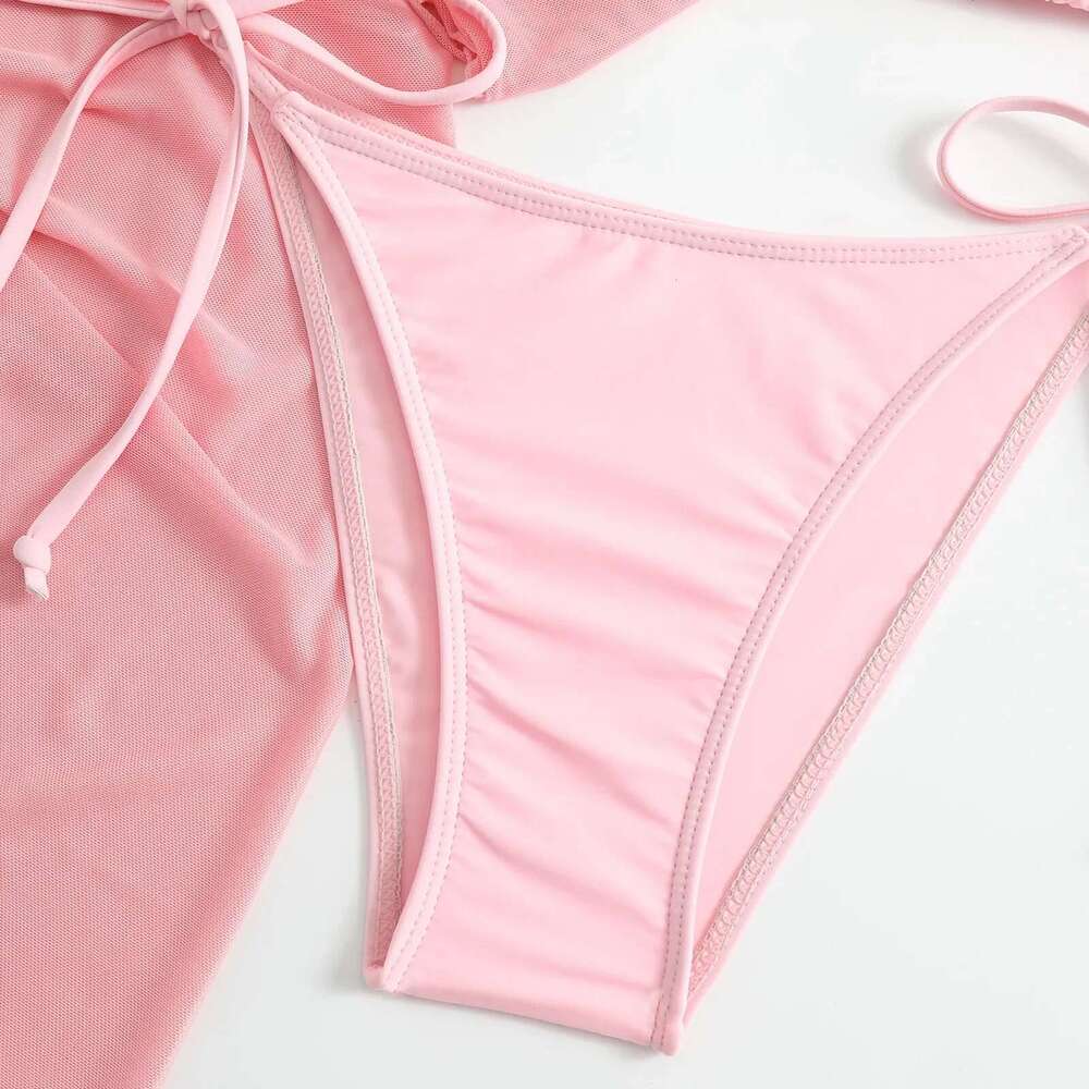 Women pink micro mini string bikini sets 4 pieces with mesh cover tops and skirt swimsuit bathing suit beach outfits biquini