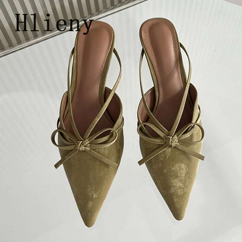 Hlieny Fashion Design Butterfly-Knot Pointed Toe Low Thin Heels Mules Slippers Women Pumps Shallow Slingback Sandal Female Shoes