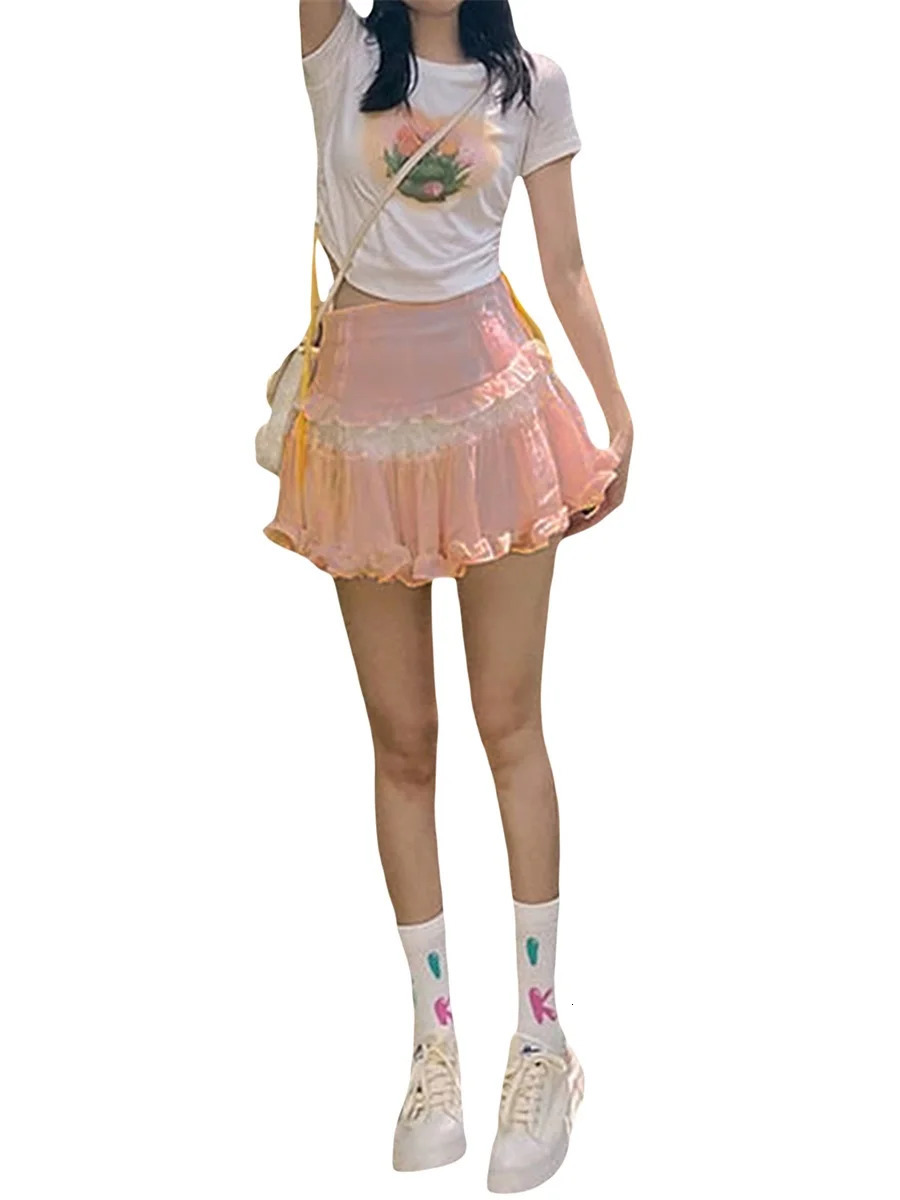 Womens Summer Mini Skirts Cute High Waist Lace Patchwork Ruffle Hem ALine 250515
