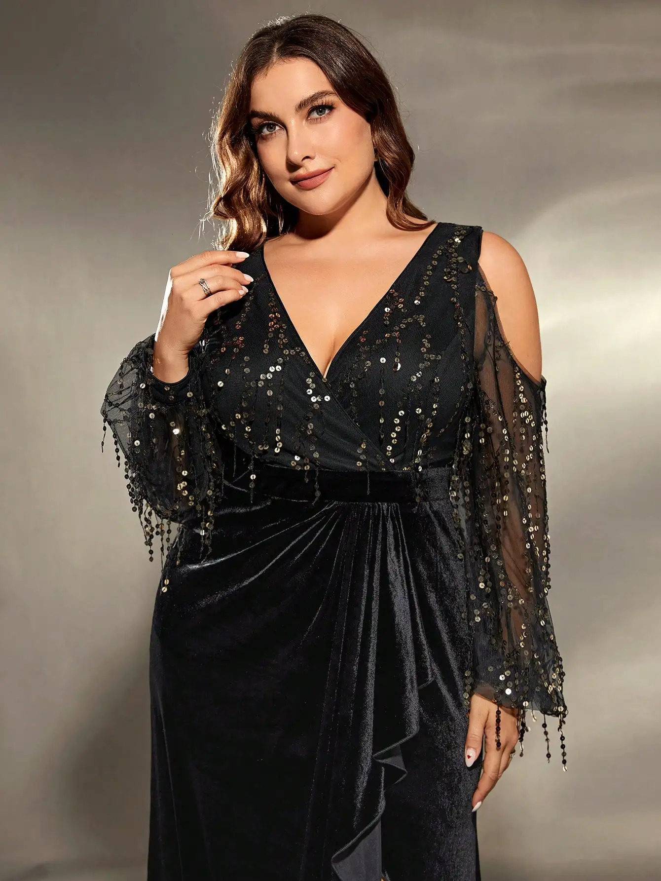 Mgiacy plus size deep Vshaped cross neck shoulder open collar sequin splicing velvet irregular lotus leaf matching seam dress evening gown 250506