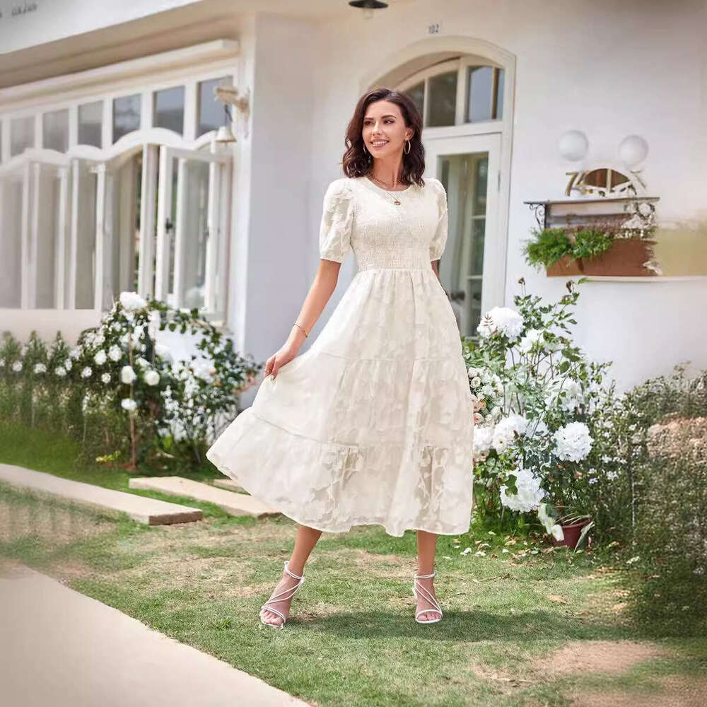 White Dress Maxi Dress 2024 Summer Women's Round Neck Folded Bubble Sleeves Layered Flower Dress KQ