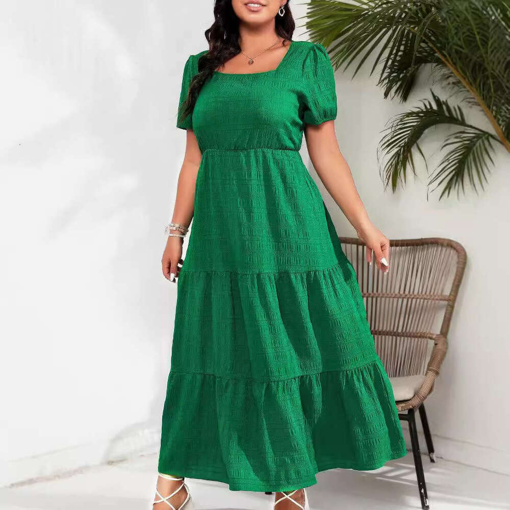 Plus Size Women Dresses Summer Dresses Maxi Dress Robe Vestidos Summer Dresses for Women Womens Bubble Sleeves Square Neck Back Pleated Short Sleeve P