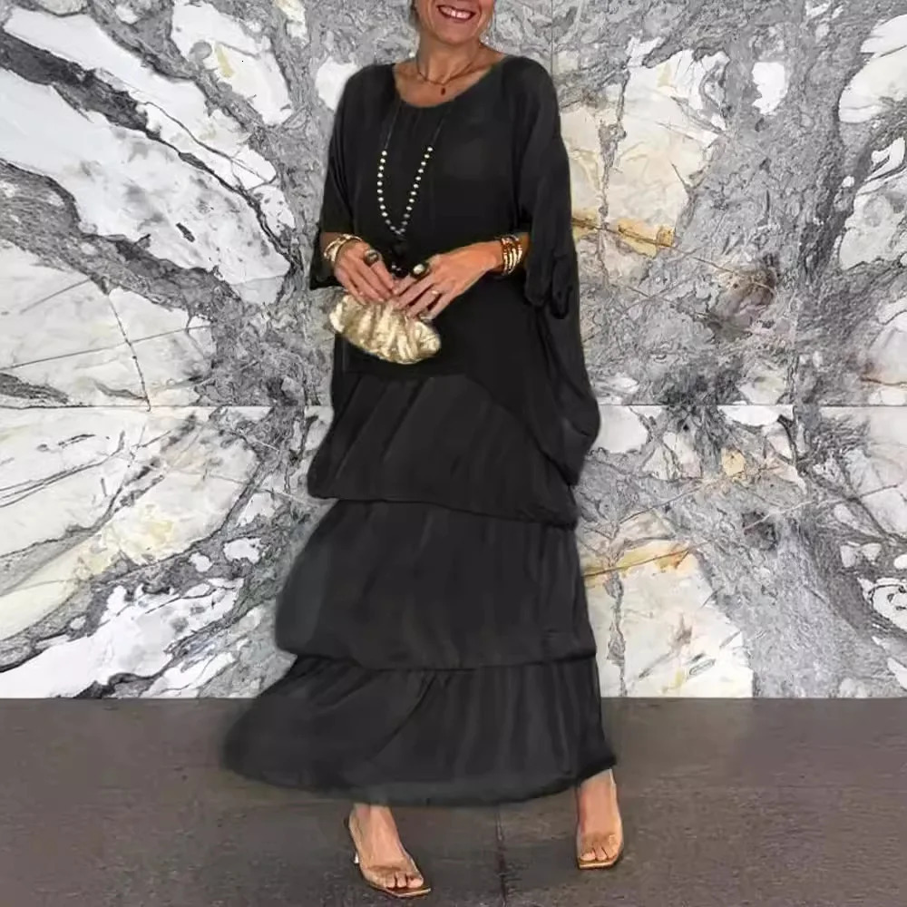 Womens Elegant Long Dress Fashion Round Neck Bat Sleeve Cake Dresses For Women Spring and summer Robe Looes Plus Size 250514
