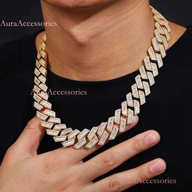 New Arrival Hip Hop Jewelry 20mm Gold Plated Brass Baguette AAAAA CZ Dia Iced Out Cuban Link Chain Necklace