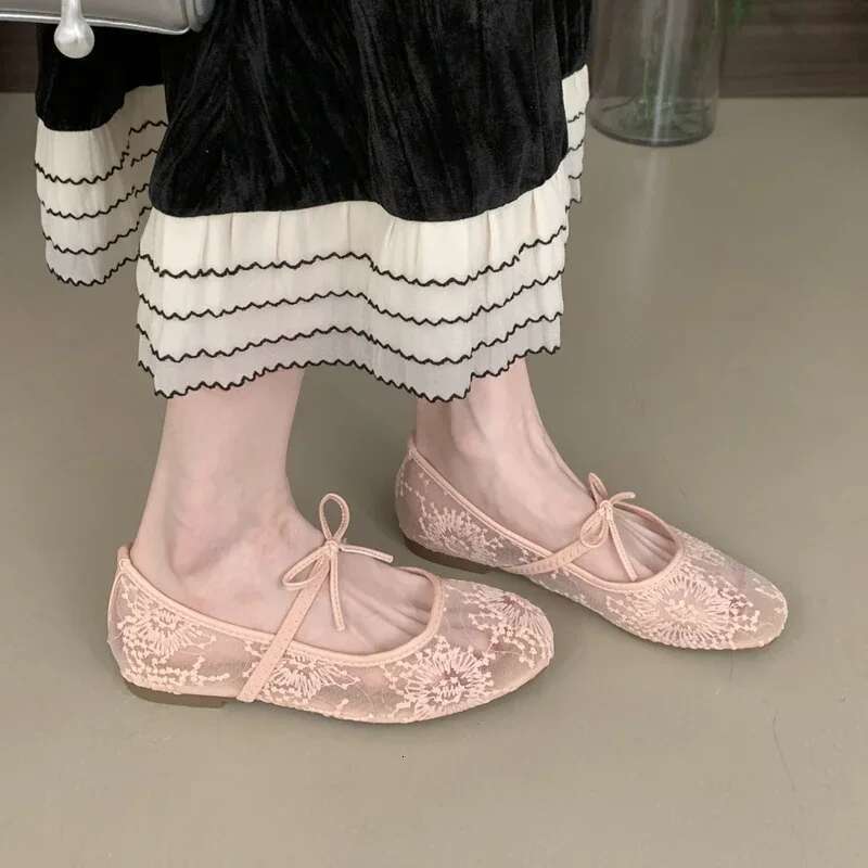 Mesh Ballet Flat Women Embroidery Soft Sole Bowknot Fashion Footwear Female Hollow Comfort Designer Brand Mary Jane Shoes