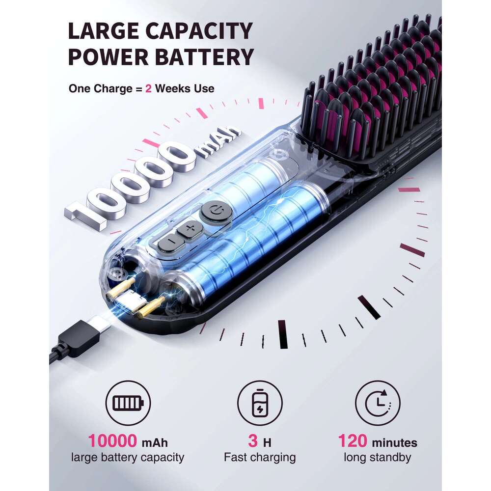 USB Charging Cordless Straightener Brush 10000mAh LED Display Negative Ions Hair Care Ceramic Electric Hot Heating Comb