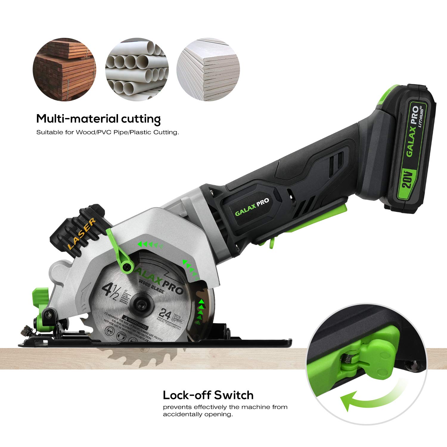 GALAX PRO Cordless Circular Saws 20V (2.0 Ah Battery with Charger) Laser Guide 2 x Circular Saw Blade Diameter 115mm 3400RPM 45° Adjustable Tilt Angle