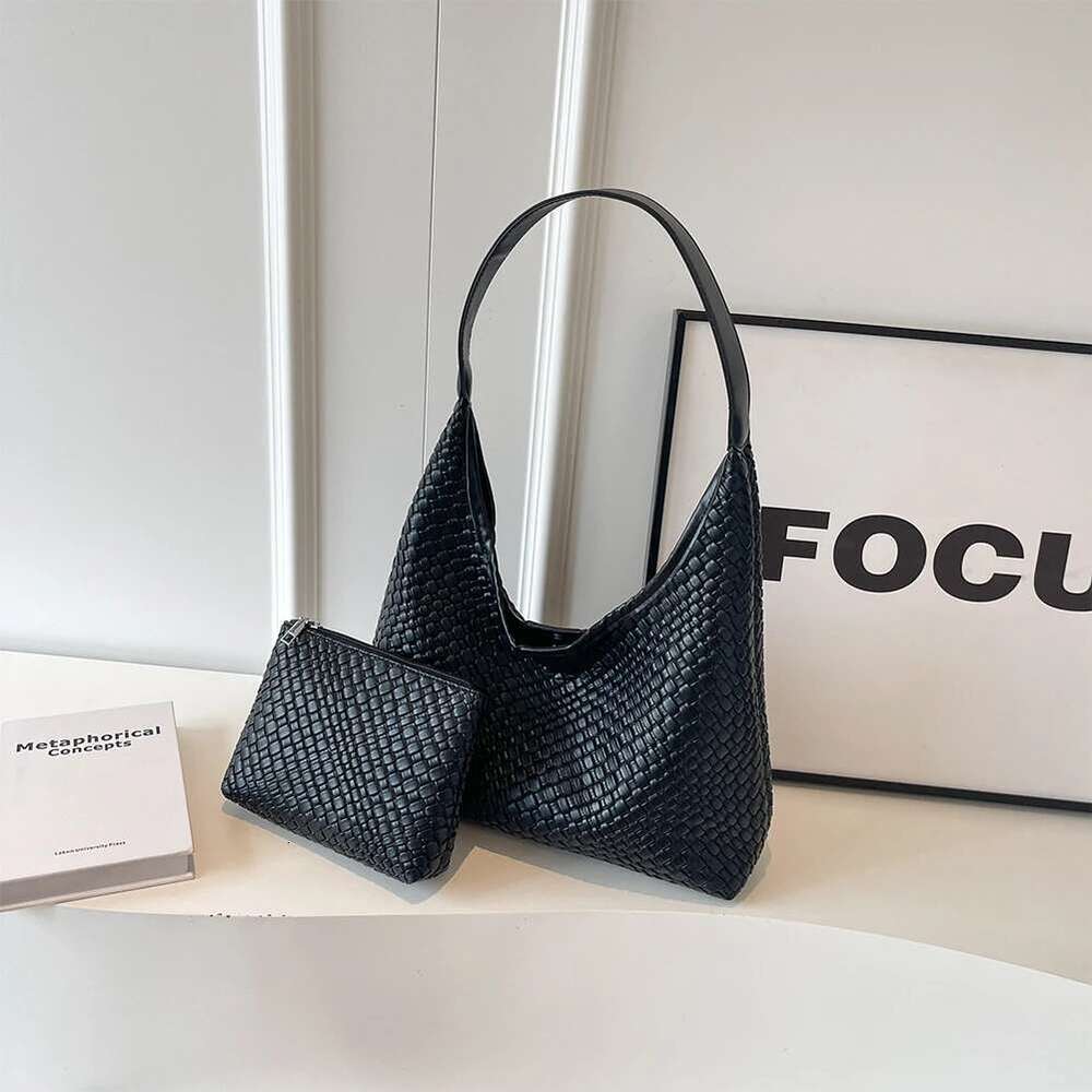 Women Large Shoulder with Pouch Top Handle Trendy PU Woven Tote Leather Armpit Handbag Commuting Bag