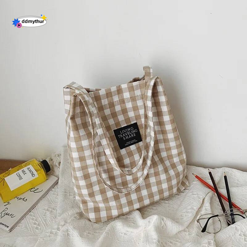 Fashion Simple Women Canvas Handbag Plaid Shoulder Female Wild Black And White Check Tote Campus Style Student Books Bag ddmythur