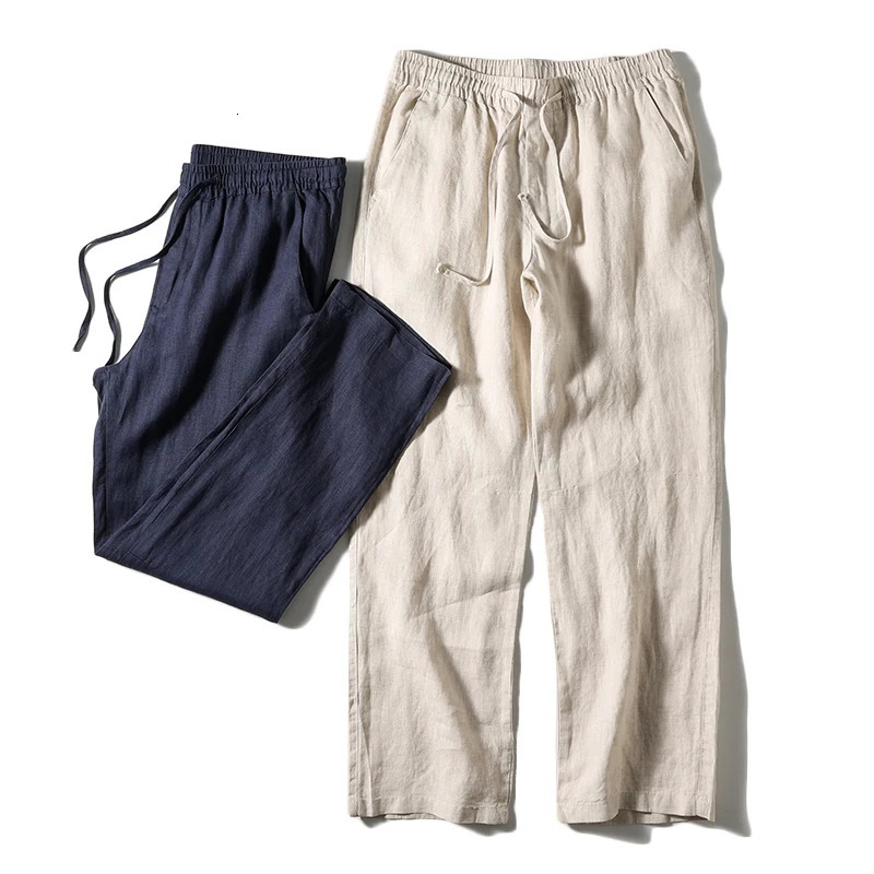 Natural Linen Pure Skin Breathable Summer Color Fashion Slim Fit Men Loose 100% Straight Flax Casual Pants 250515
