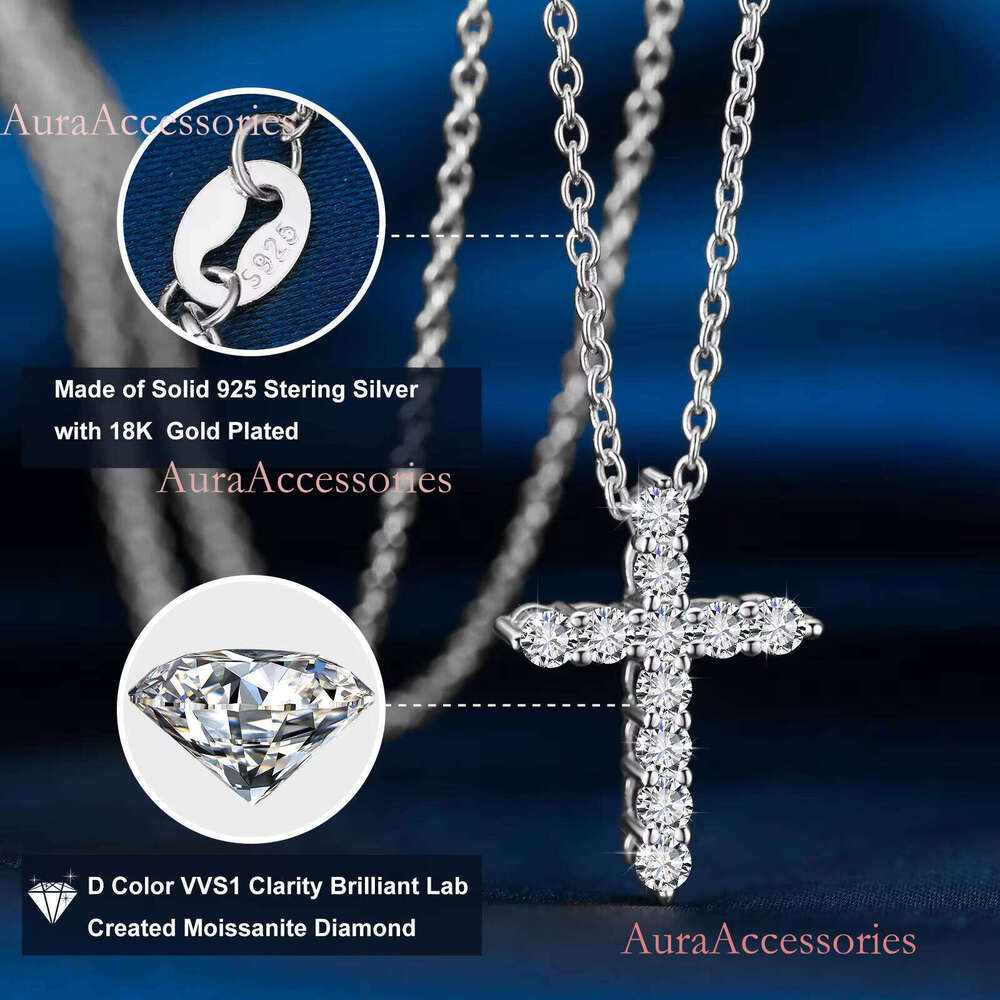 Mothers Day Gift Waterproof Sterling Sier Shining VVS Moissanite Dia Cross Pendant Necklace for Men Women