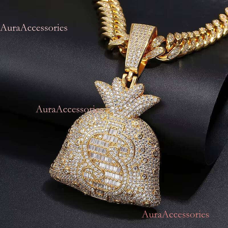 Golden Shining Currency Dollar Bag Necklace Men's Ice Pendant