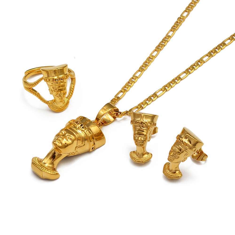 Anniyo Egyptian Queen Nefertiti Sets Pendant Necklace Stud Earrings Ring African Traditional Culture Jewelry #244206