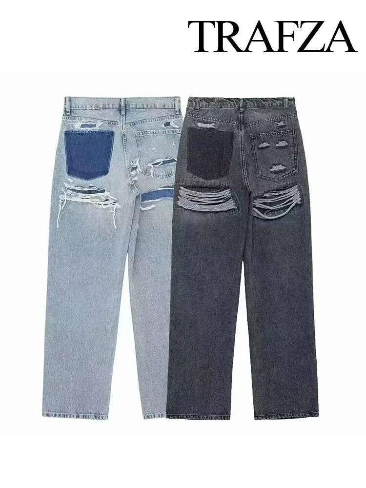 TRAFZA Summer Clothing Street Denim Blue Wide Leg Pants Chic High Waisted Hole Decoration Women's Loose Pocket Jeans Y2k