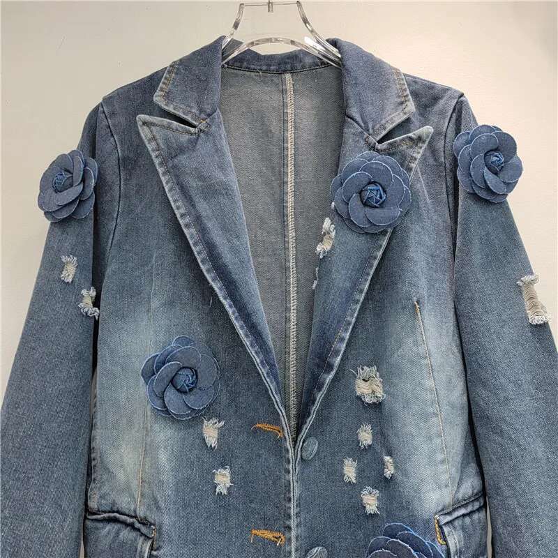 OCEANLOVE 3D Flowers Denim Jackets Women Spring Autumn Vintage Loose Jaqueta Feminina Single Breasted Chaquetas Mujer