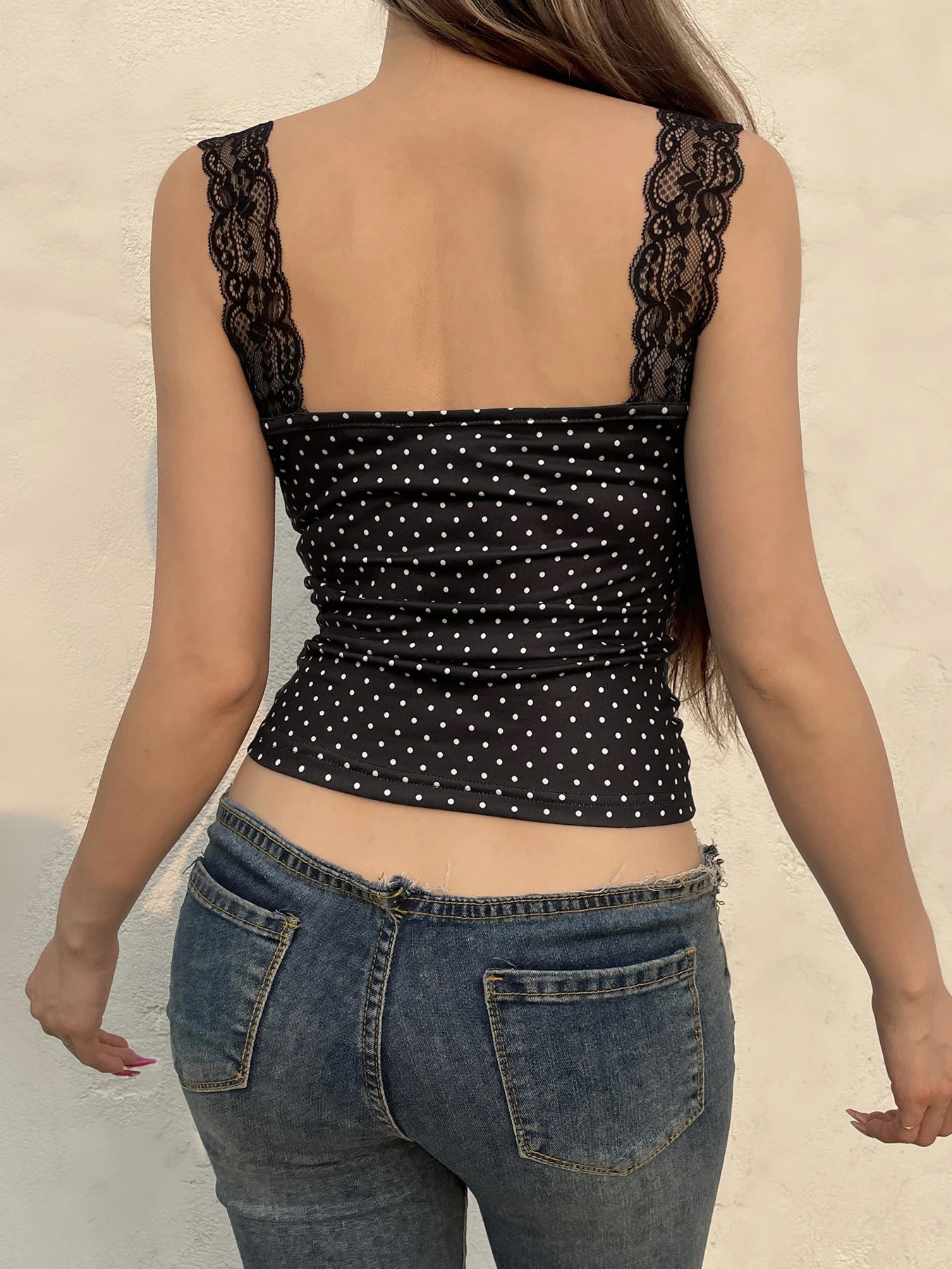 Fashion Sexy Slim Fit Polka Dot Print Lace Trim Women Tanks Chic sweet Summer Basic AllMatch Blouses 250515
