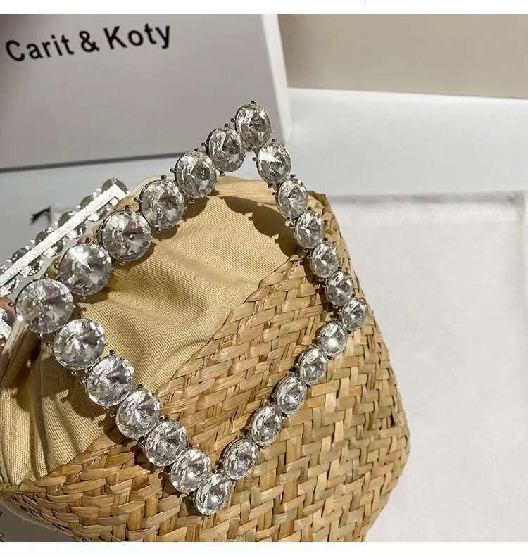 Crystal Dias Metal Handle Women Handbag Straw Woven Handmade Bucket Holiday Vacation Beach Crossbody Casual Bag