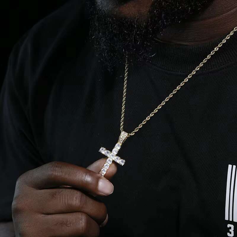SICGEM Super Cross Pendant Moissanite Gemstone with 925 Sterling Silver Hiphop Style Gold Plated for Party Charms