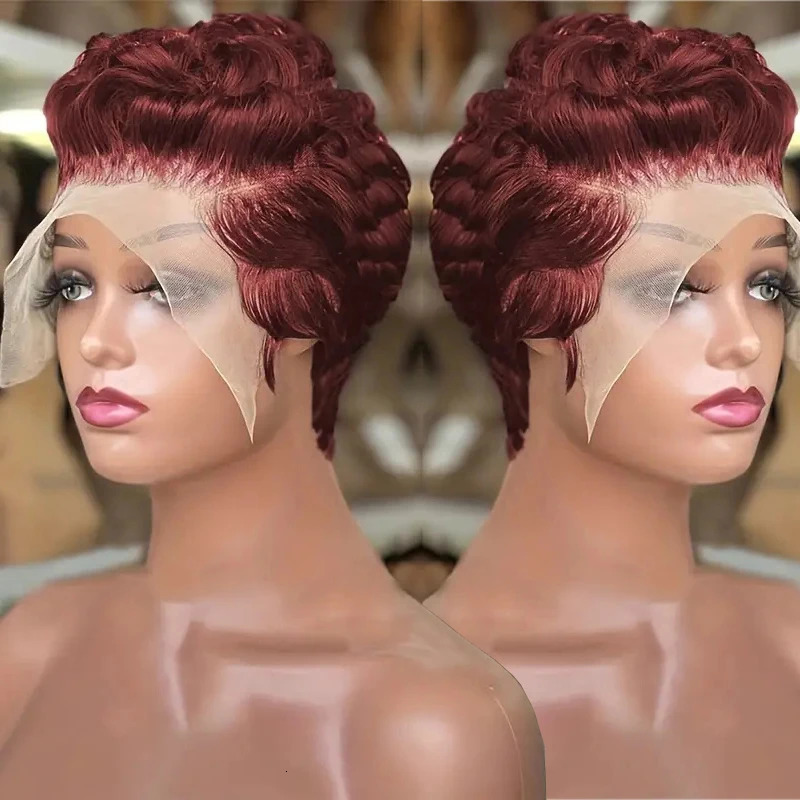 Pixie Curly 100% Human Hair Wig 13x4 Short Bob Wig Pixie Cut #350 Colored 99J Lace Frontal Human Hair Wigs for Black Women 250512