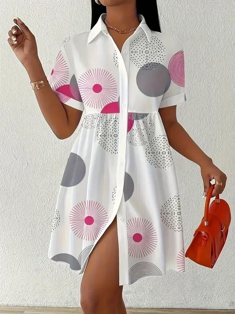 Plus Size 1XL-5XL Womens Summer Cute Fashion Elegant Geometric Print Dress Button-Up with Lapel Collar Short Sleeves Dresses 250509