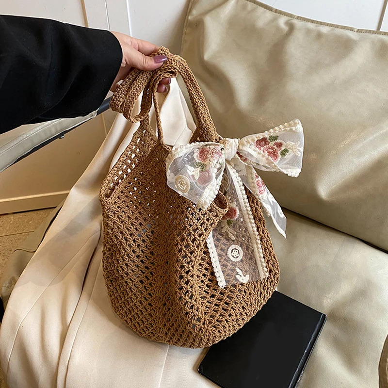 Summer Lace Bow Tote Bags Women Raffia Knitting Woven Shoulder Bag 2025 Rattan Large Casual Crochet Shopping Bag Ladies Handbag 250515
