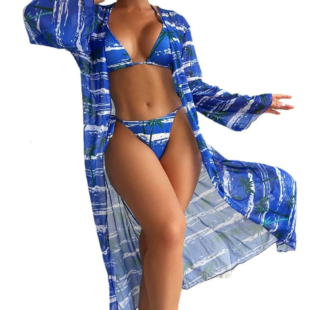 New European and American special fabric printed bikini BIKINI cover up three piece set women's swimsuit 2025 new casual versatile fashion clothi