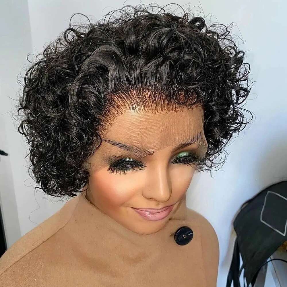 Pixie Cut Colored Lace Spring Curl Short Bob For Women Natural Black Color Human Hair Cheap Wig 13X1