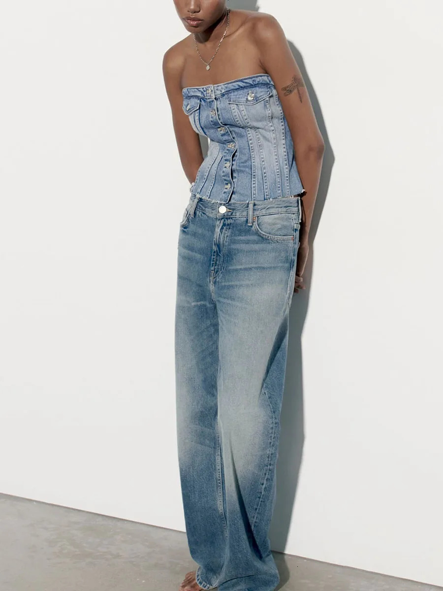 Womens Fitted Tube Tops Blue Sleeveless Off Shoulder Denim Bandeau Summer Clothes 250515