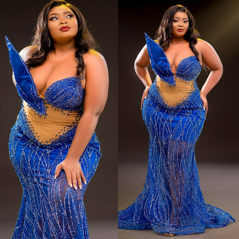 2025 Plus Size Royal Blue Aso Ebi Prom Dress Mermaid Prom Dresses Evening Formal Gowns Sheer Neck Beaded Lace Illusion Birthday Dress Second Reception