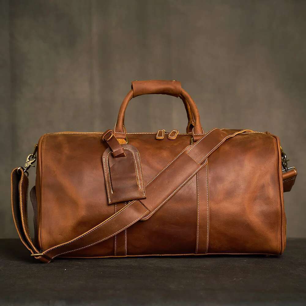 Geunine Leather Vintage Men's Hand Lage Travel Bag Large Capacity Single Shoulder Messenger Boston Bag For 17 Inch Laptop