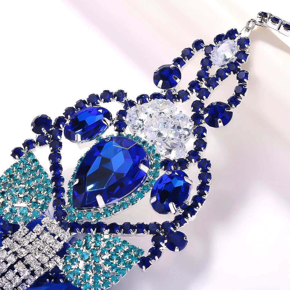 Boho Blue Feather Tassel Earrings Dangle Woman Accessories Nightclub Sparkly Exaggerate Rhinestone Earrings Prom Jewelry 250514