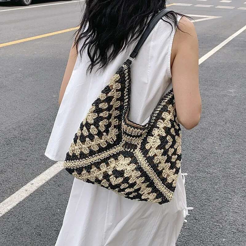 Women Summer Vintage Woven Handbag Jacquard Design Bohemian Seaside Holiday Traveling Straw Bags High-Capacity Shoulder Tote Bag