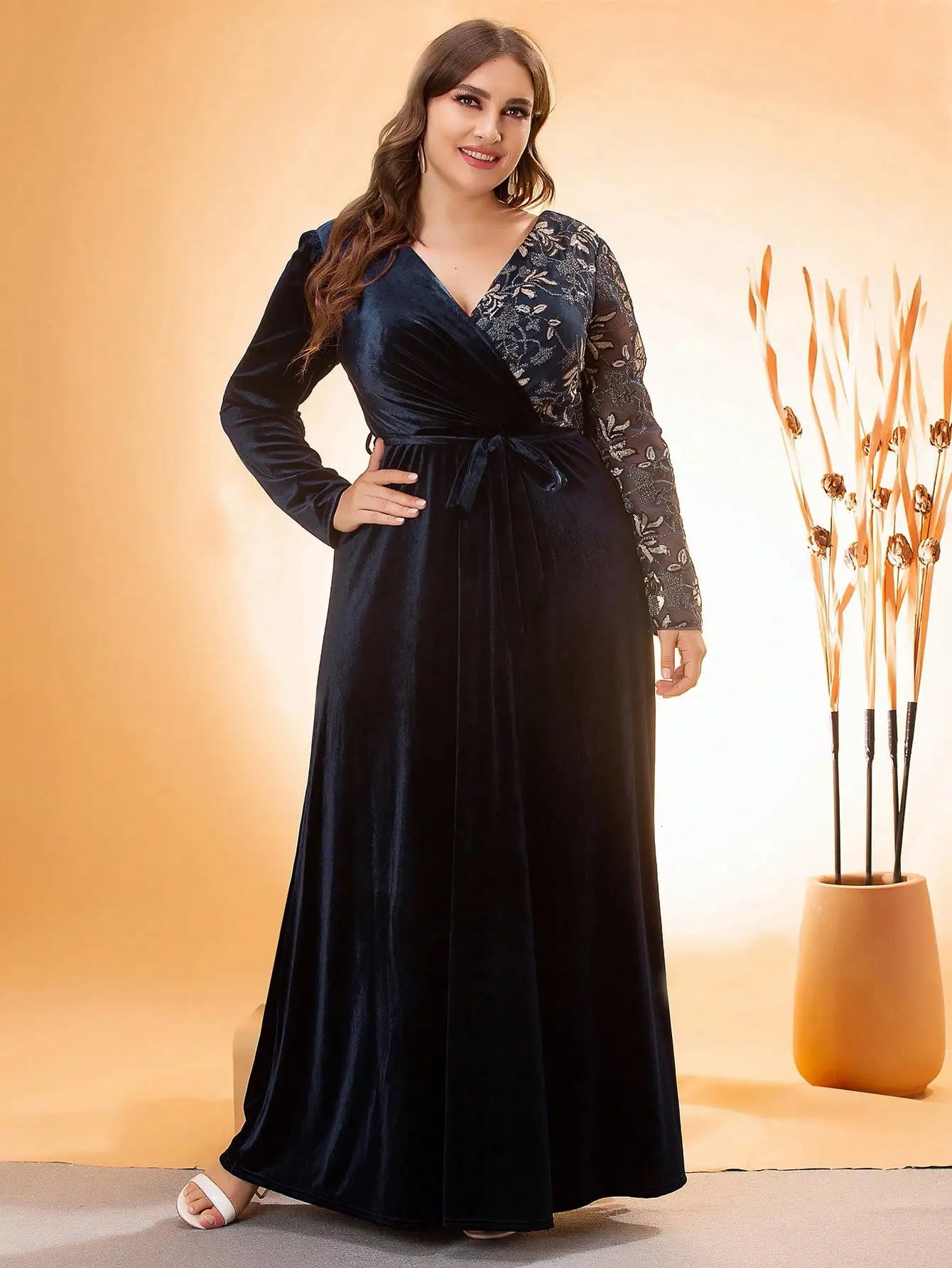 Plus size Mgiacy Vneck irregular cross sequin embroidered stitching velvet A full skirt Evening gown PROM dress Party 250506