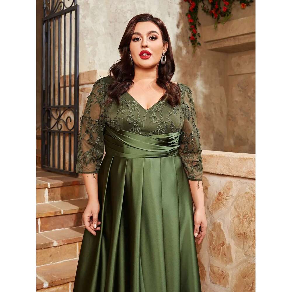 Mgiacy plus size V-neck lace embroidery Mosaic satin cloth hand-folded long skirt Evening gown ball Party dress