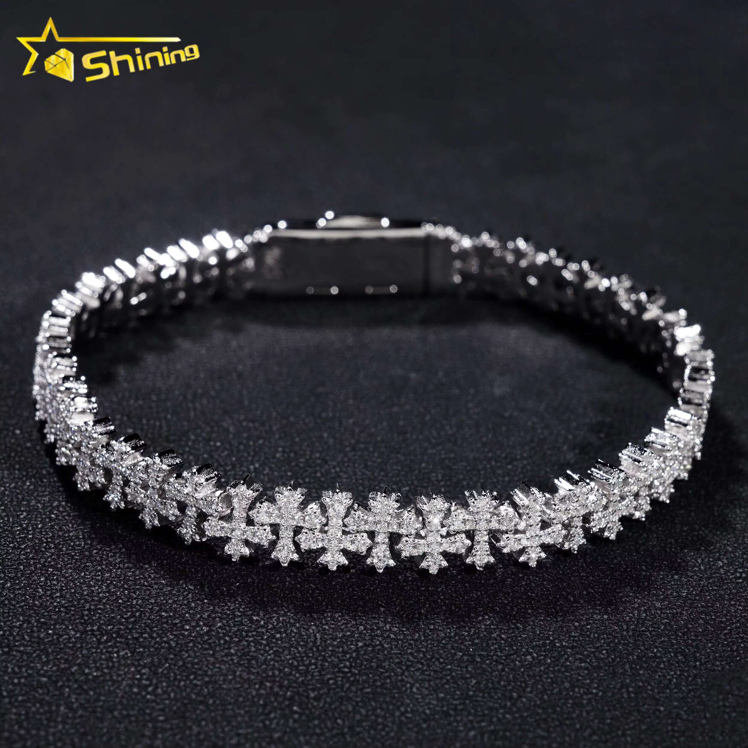 Fine Jewelry Hip Hop Iced 8mm Moissanite Cross Bracelet Pass Tester 925 Silver VVS Moissanite Diamond Cuban Link Chain