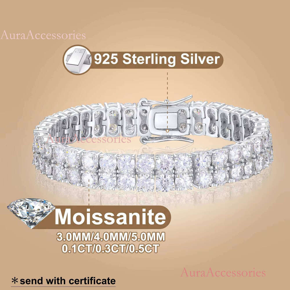 Femme Pass Dia Tester 2 Rows 3mm 4mm 5mm VVS Moissanite White Gold Plated Sterling Sier Tennis Bracelet for Men