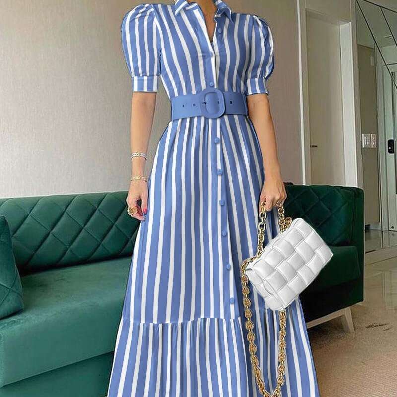 White Dress Maxi Dress 516 # New Style Commuting Long Short Sleeved Large Hem Dress With Belt KQ